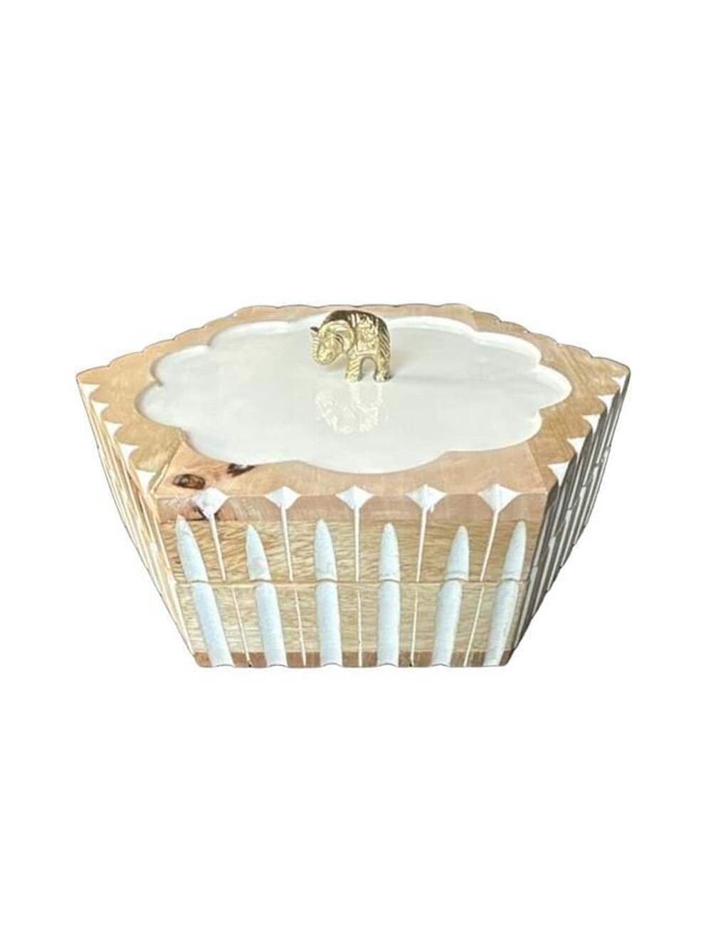Carved Mango Wood and Enamel Hexagonal Storage Box with Brass Elephant Handle
